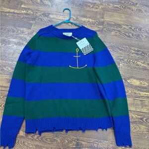 Crewneck Sweater in Green and Blue with Bold Stripes Sanndrine Rose